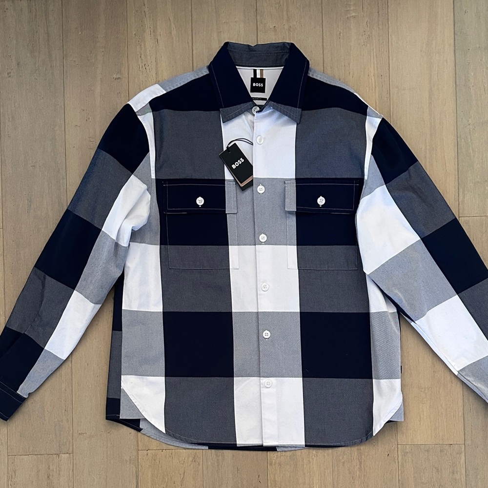 NWT Boss Men's Owen Plaid Jacket Shirt in Navy and White Relaxed Fit